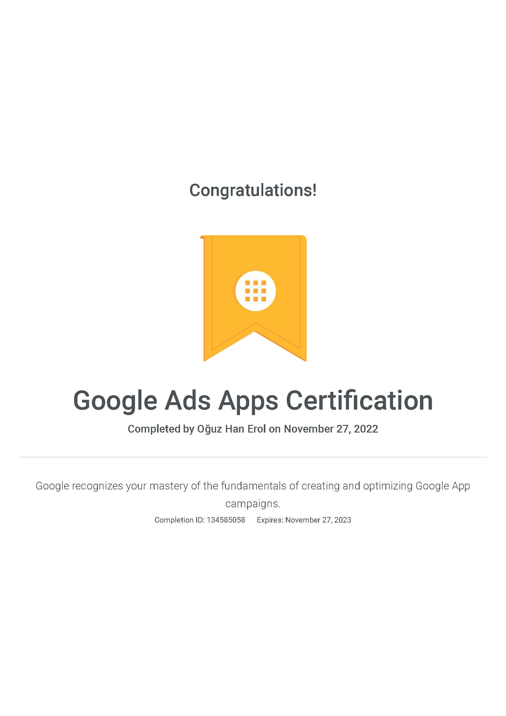 Google Ads Uygulama Reklamları Sertifikası — Oğuz Erol