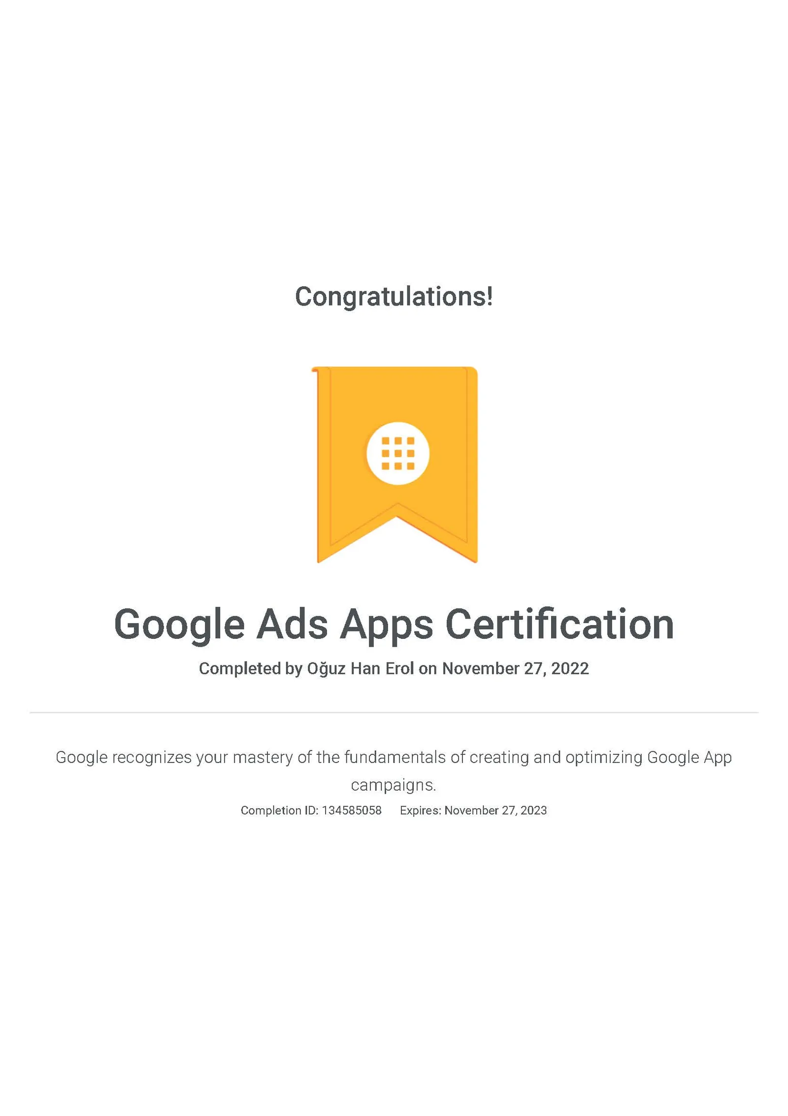 Google Ads Uygulama Reklamları Sertifikası — Oğuz Erol