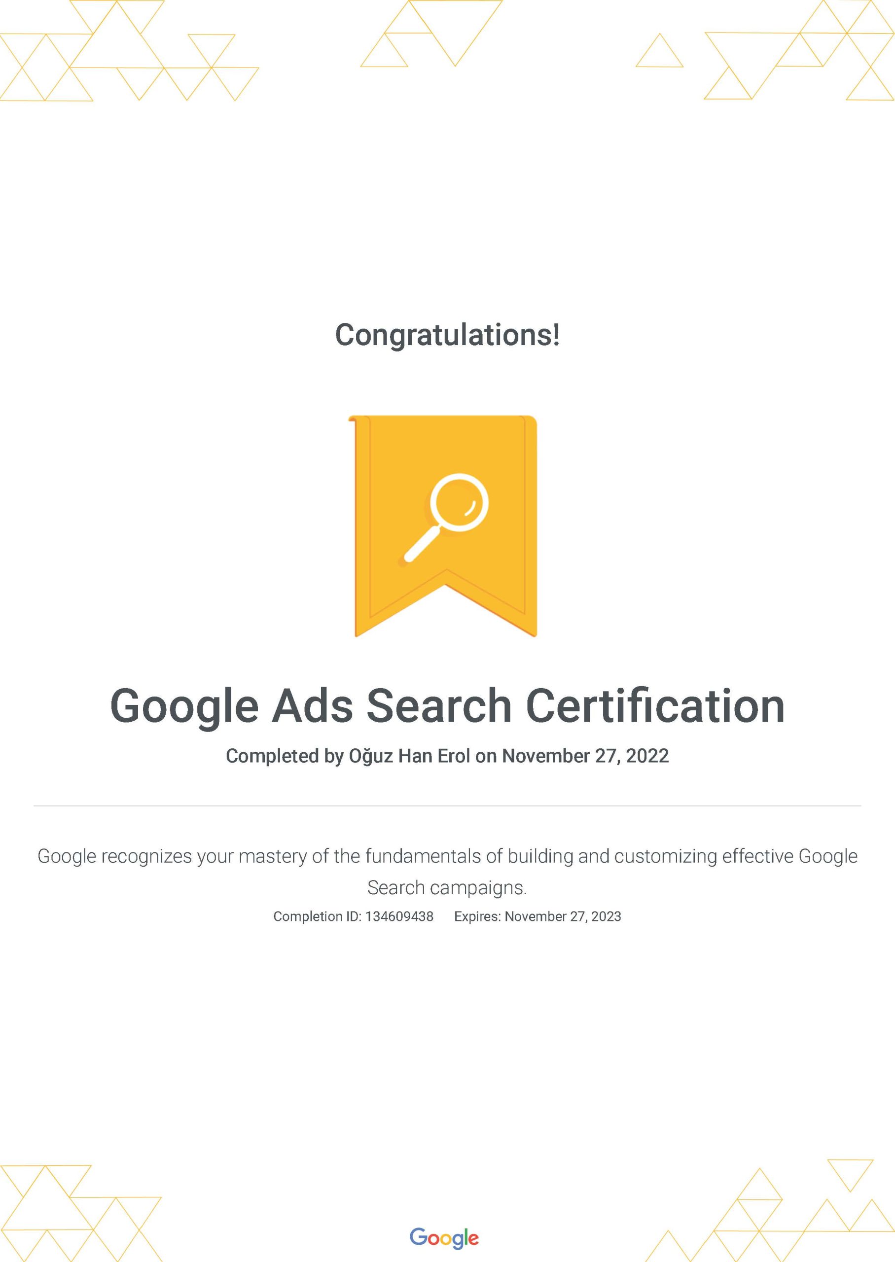 Google Ads Arama Ağı Sertifikası — Oğuz Erol