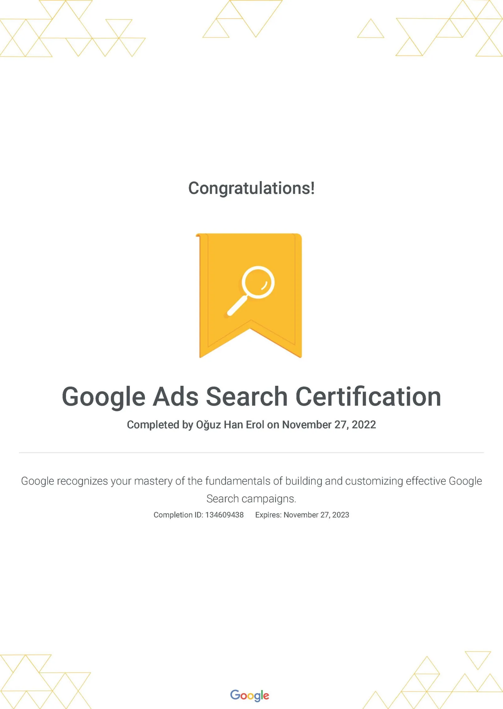 Google Ads Arama Ağı Sertifikası — Oğuz Erol