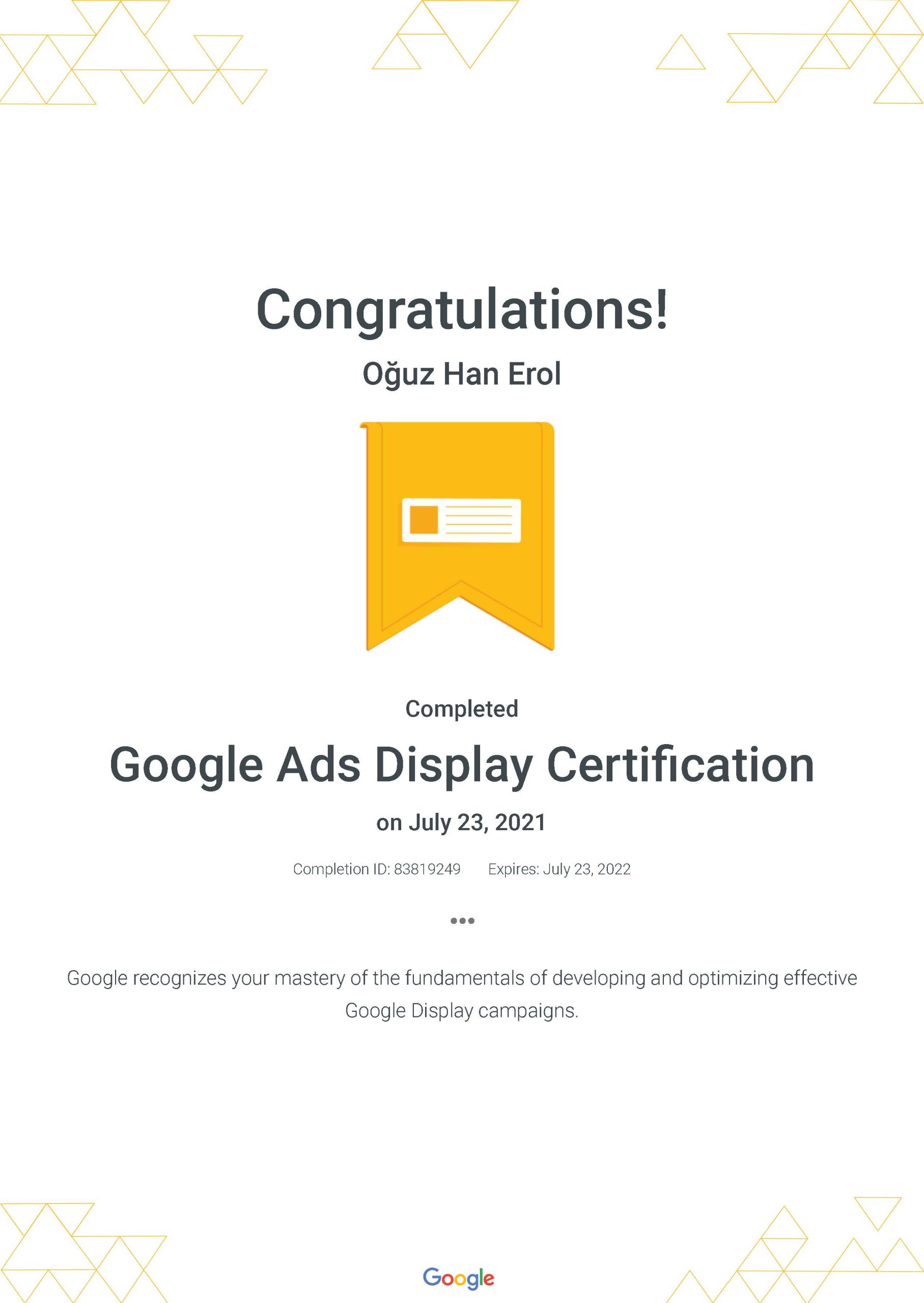 Google Ads Görüntülü Reklam Ağı Sertifikası — Oğuz Erol