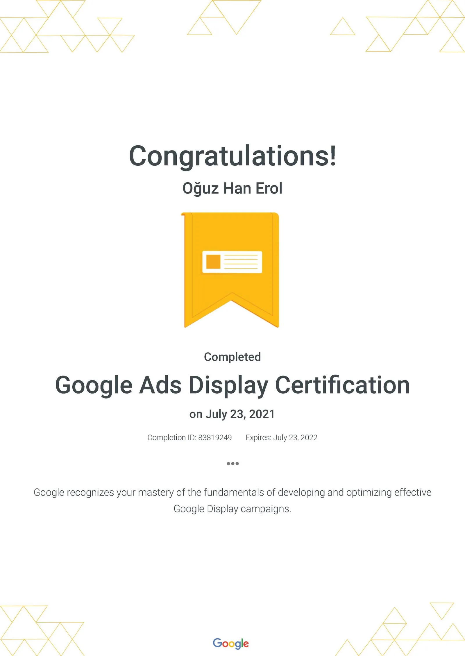 Google Ads Görüntülü Reklam Ağı Sertifikası — Oğuz Erol