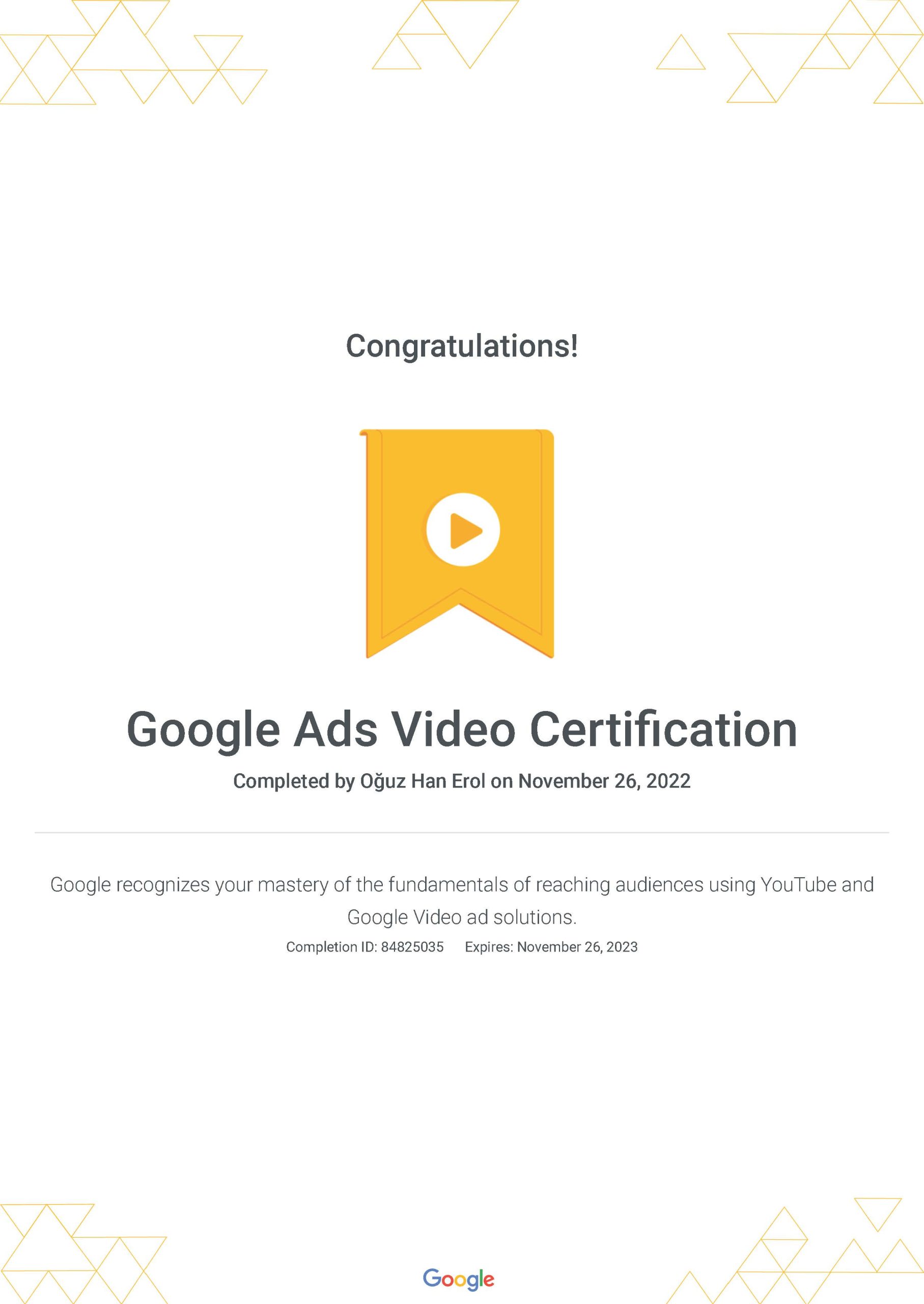 Google Ads Video Reklamları Sertifikası — Oğuz Erol