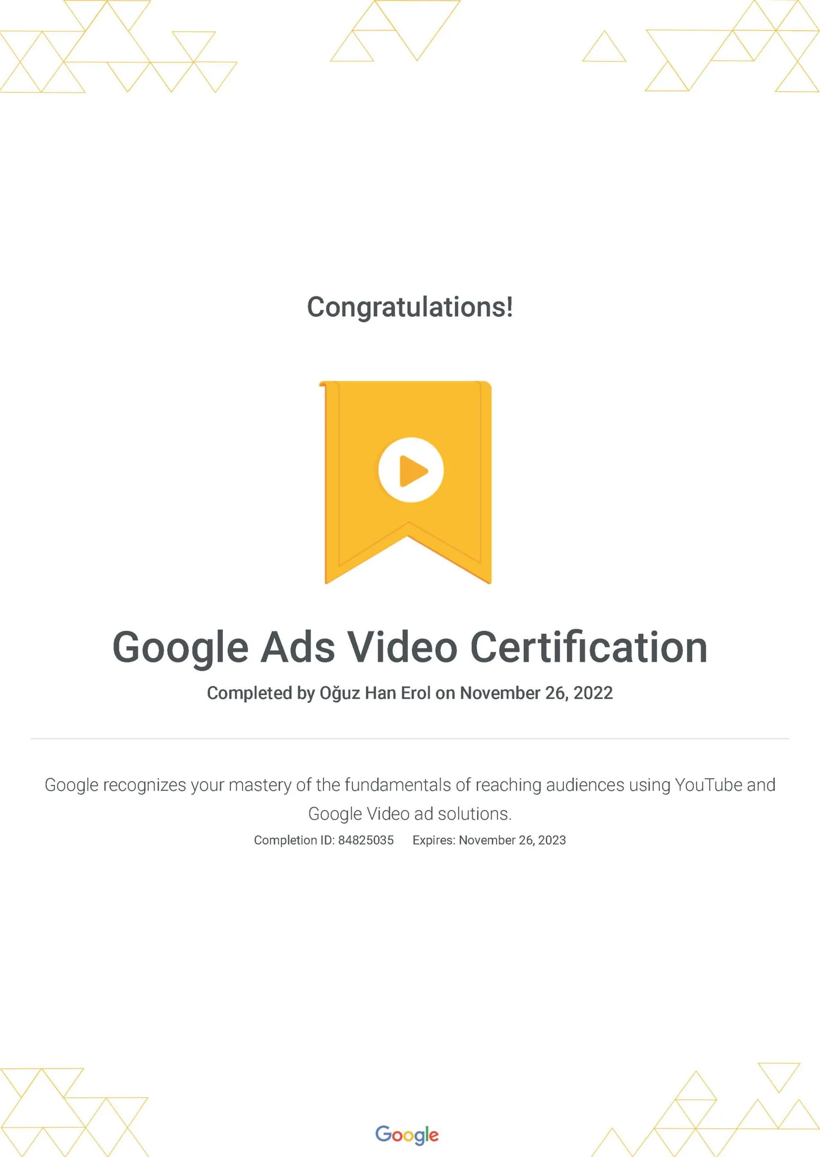 Google Ads Video Reklamları Sertifikası — Oğuz Erol