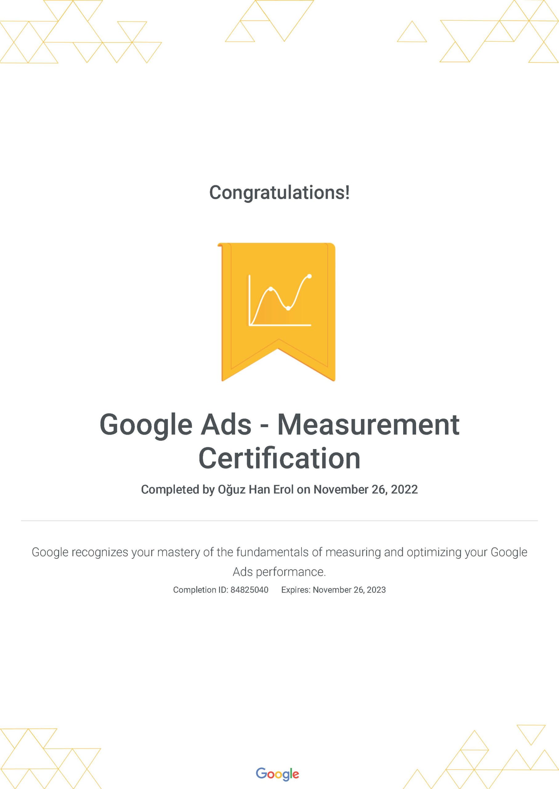 Google Ads Ölçümleme Sertifikası — Oğuz Erol