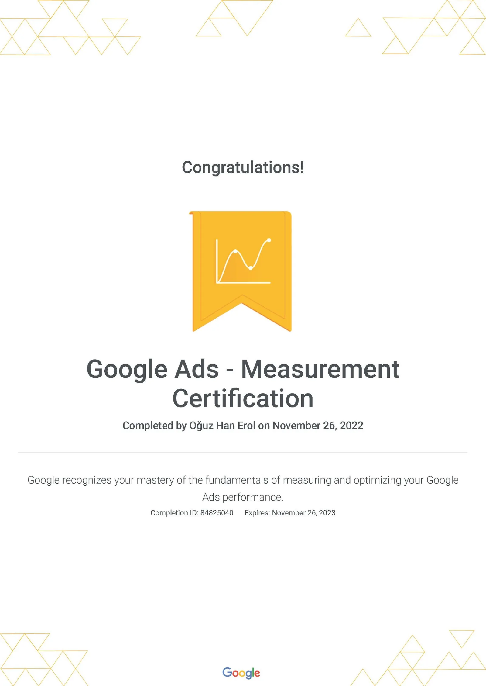 Google Ads Ölçümleme Sertifikası — Oğuz Erol
