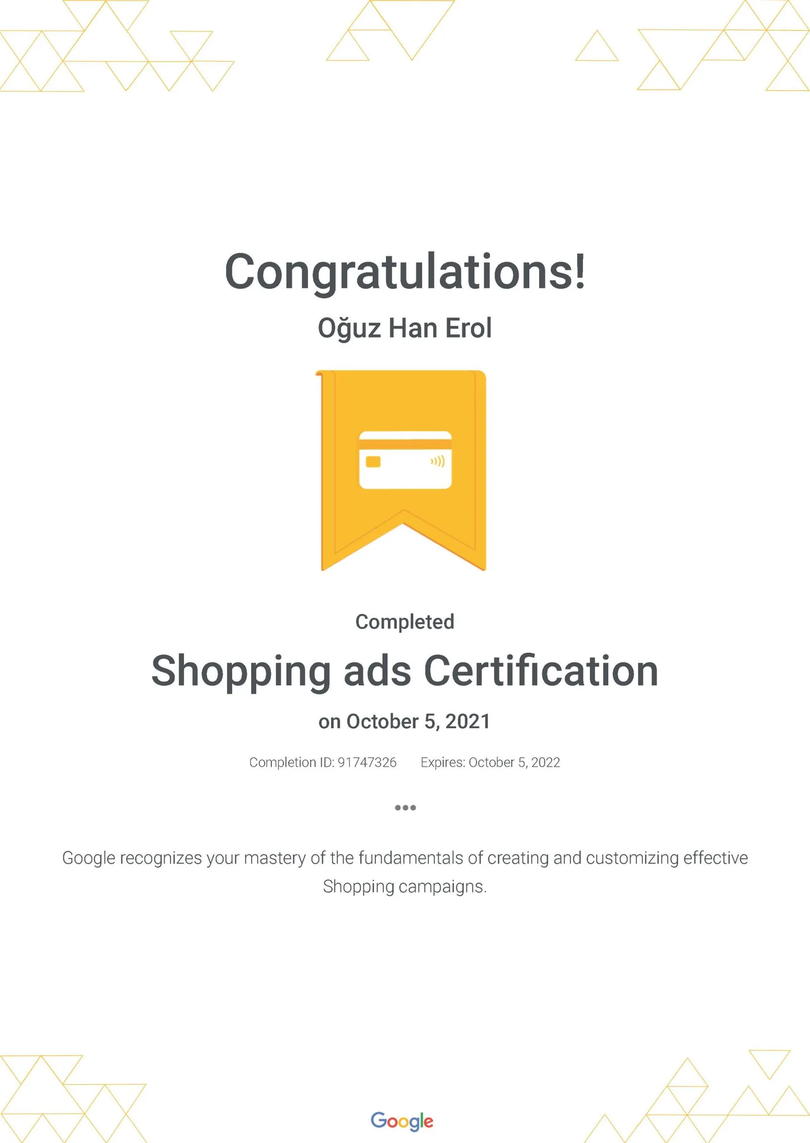 Google Ads Alışveriş Reklamları Sertifikası — Oğuz Erol