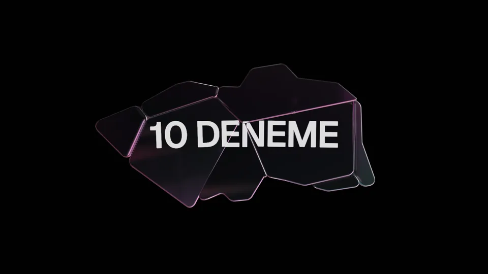 The glass-shard-title block rendered with its own variables only: the Turkish headline 10 DENEME on pink-violet glass shards, no subline