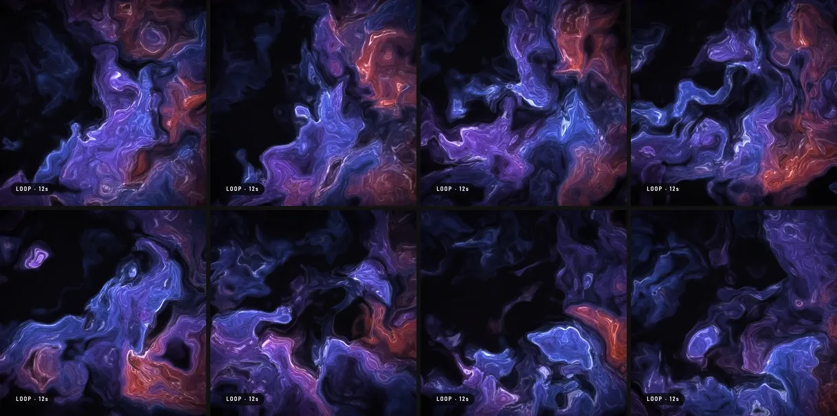 An endless loop: an ink shader: eight frames from the video
