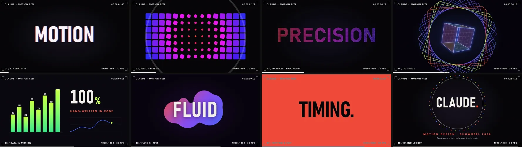 A motion designer's showreel: eight frames from the video