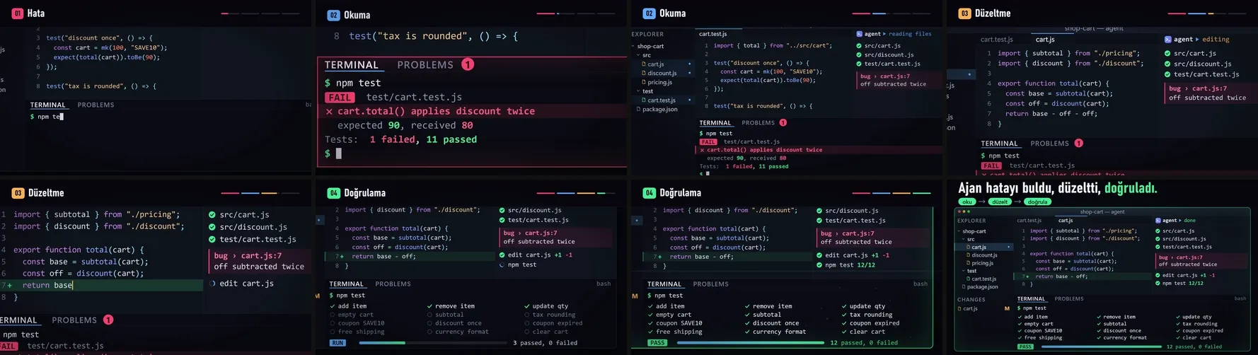 An agent fixes a failing test: eight frames from the video