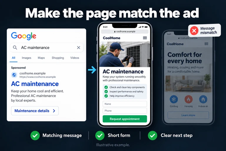 Make the page match the ad. Illustrative interface: AC maintenance · Maintenance details · Name · Phone · Request appointment. Matching message; Short form; Clear next step.