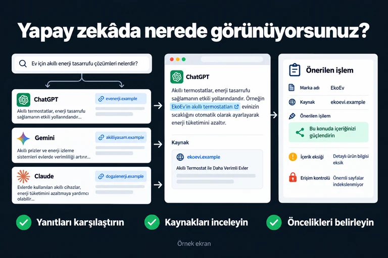 Yapay zekâda nerede görünüyorsunuz?. Örnek ekran: Marka adı • Kaynak • Önerilen işlem | İçerik eksiği • Erişim kontrolü. Yanıtları karşılaştırın; Kaynakları inceleyin; Öncelikleri belirleyin.