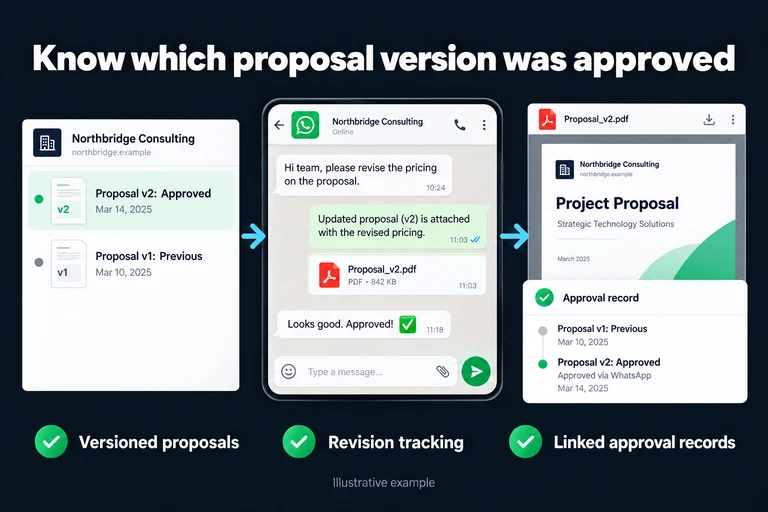 Know which proposal version was approved. Illustrative interface: Proposal v1: Previous | Proposal v2: Approved | Approval record. Versioned proposals; Revision tracking; Linked approval records.
