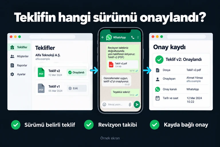 Teklifin hangi sürümü onaylandı?. Örnek ekran: Teklif v1: Eski | Teklif v2: Onaylandı | Onay kaydı. Sürümü belirli teklif; Revizyon takibi; Kayda bağlı onay.