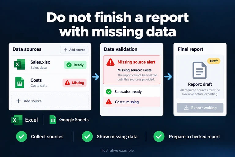 Do not finish a report with missing data. Illustrative interface: Sales.xlsx: ready · Costs: missing · Missing source alert · Report: draft · Export waiting. Collect sources; Show missing data; Prepare a checked report.