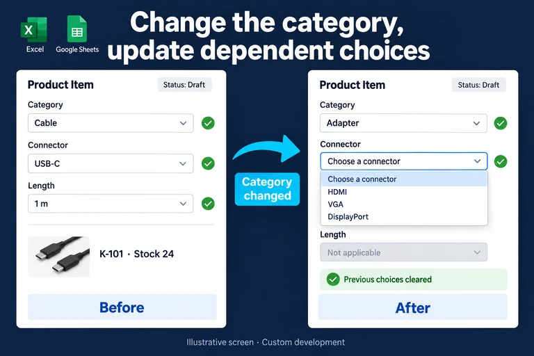 Illustrative screen: Change the category, update dependent choices. Before. Category: Cable. Connector: USB-C. Length: 1 m. K-101 · Stock 24. Category changed. After. Category: Adapter. Choose a connector. Previous choices cleared.