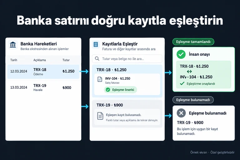 Örnek ekran: Banka satırını doğru kayıtla eşleştirin. TRX-18 · ₺1.250. INV-104 · ₺1.250. Eşleşme önerisi. İnsan onayı. TRX-19 · ₺900. Eşleşme bulunamadı.