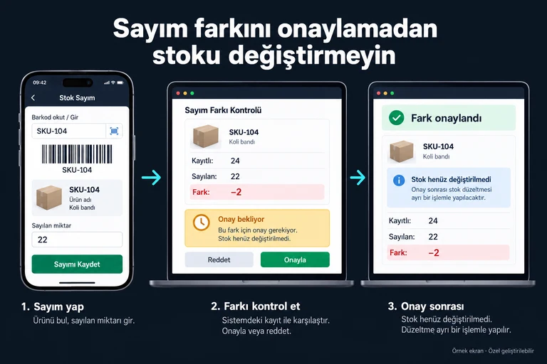 Örnek ekran: Sayım farkını onaylamadan stoku değiştirmeyin. SKU-104. Kayıtlı: 24. Sayılan: 22. Fark: −2. Onay bekliyor. Stok henüz değiştirilmedi.