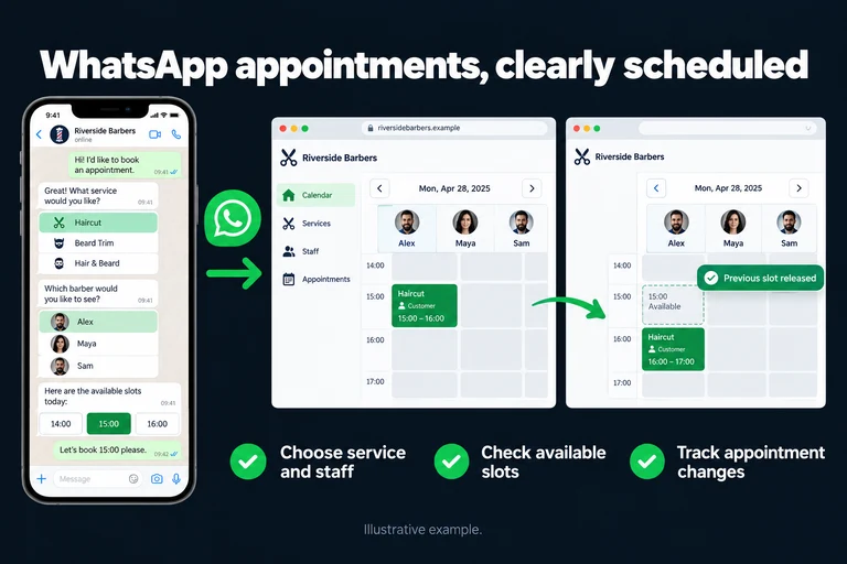 WhatsApp appointments, clearly scheduled. Illustrative interface: Haircut | Choose barber | 15:00 → 16:00 | Previous slot released. Choose service and staff; Check available slots; Track appointment changes.