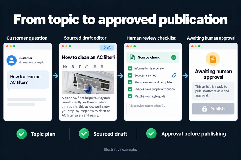 From topic to approved publication. Illustrative interface: How to clean an AC filter? · Draft · Source check · Awaiting human approval · Publish. Topic plan; Sourced draft; Approval before publishing.