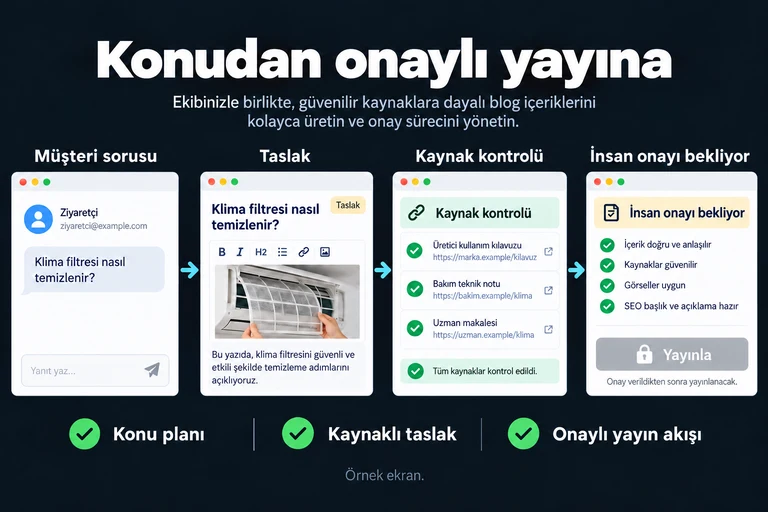 Konudan onaylı yayına. Örnek ekran: Klima filtresi nasıl temizlenir? · Taslak · Kaynak kontrolü · İnsan onayı bekliyor · Yayınla. Konu planı; Kaynaklı taslak; Onaylı yayın akışı.