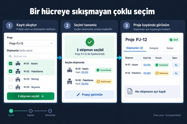 Örnek ekran: Bir hücreye sıkışmayan çoklu seçim. Proje PJ-12. M-01 · Kesim. M-02 · Paketleme. 2 ekipman seçildi. Her ekipmanın ayrı kaydı.