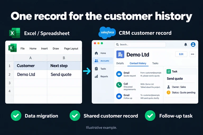 One record for the customer history. Illustrative interface: Demo Ltd · Send quote · Contact history · Owner: Sales · Quote pending. Data migration; Shared customer record; Follow-up task.