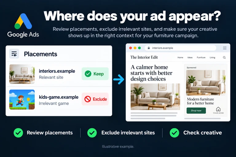 Where does your ad appear?. Illustrative interface: Placements · interiors.example · Relevant site · kids-game.example · Exclude. Review placements; Exclude irrelevant sites; Check creative.