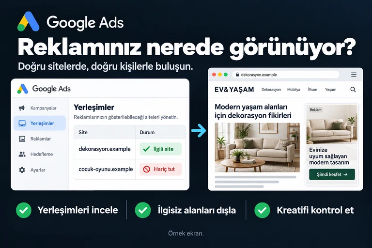 Reklamınız nerede görünüyor?. Örnek ekran: Yerleşimler · dekorasyon.example · İlgili site · cocuk-oyunu.example · Hariç tut. Yerleşimleri incele; İlgisiz alanları dışla; Kreatifi kontrol et.