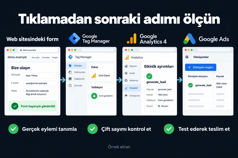 Tıklamadan sonraki adımı ölçün. Örnek ekran: Form başarıyla gönderildi · generate_lead · Google Ads. Gerçek eylemi tanımla; Çift sayımı kontrol et; Test ederek teslim et.