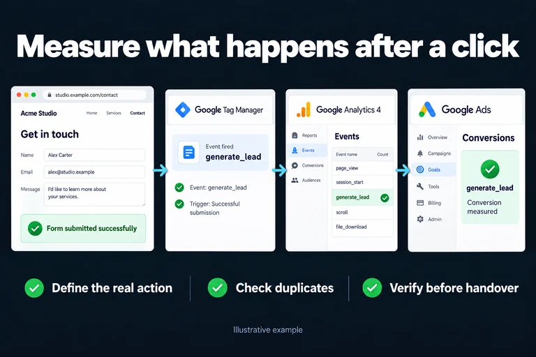 Measure what happens after a click. Illustrative interface: Form submitted successfully · generate_lead · Google Ads. Define the real action; Check duplicates; Verify before handover.