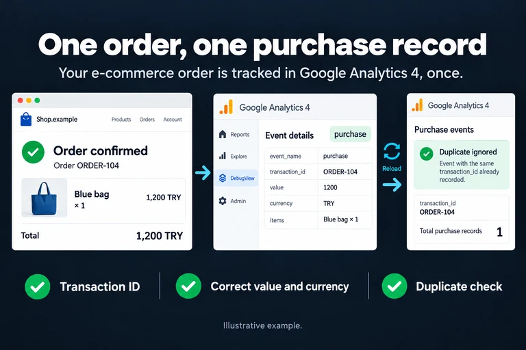 One order, one purchase record. Illustrative interface: Order ORDER-104 · Blue bag ×1 · 1,200 TRY · purchase · transaction_id: ORDER-104 · One record. Transaction ID; Correct value and currency; Duplicate check.