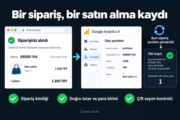 Bir sipariş, bir satın alma kaydı. Örnek ekran: Sipariş ORDER-104 · Mavi çanta ×1 · 1.200 TRY · purchase · transaction_id: ORDER-104 · Tek kayıt. Sipariş kimliği; Doğru tutar ve para birimi; Çift sayım kontrolü.