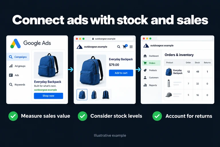 Connect ads with stock and sales. Illustrative interface: Product · Order · Stock · Returns. Measure sales value; Consider stock levels; Account for returns.