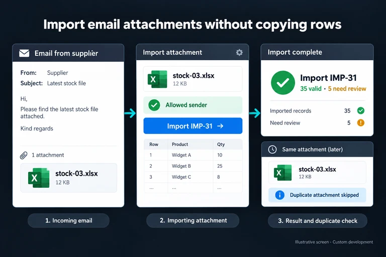 Illustrative screen: Import email attachments without copying rows. stock-03.xlsx. Allowed sender. Import IMP-31. 35 valid · 5 need review. Duplicate attachment skipped.