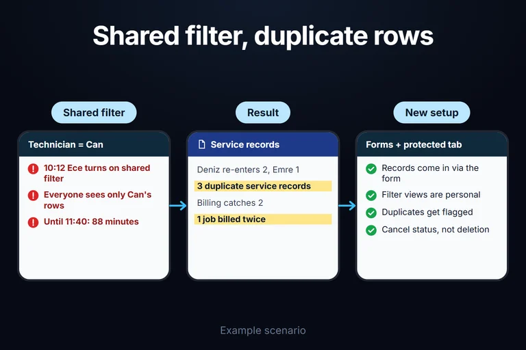 Example scenario: a shared filter left on for 88 minutes shows everyone only one technician's rows and 3 duplicate records appear; form entry, filter views and a duplicate flag prevent this.