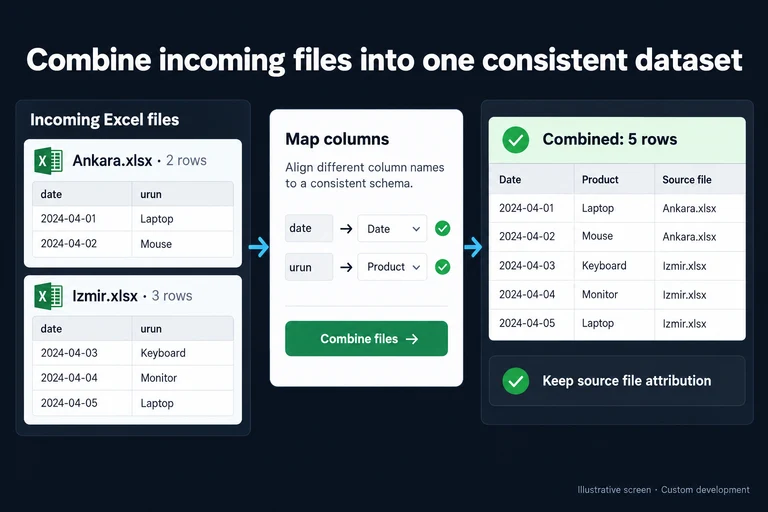 Illustrative screen: Combine incoming files into one consistent dataset. Ankara.xlsx · 2 rows. Izmir.xlsx · 3 rows. Map columns. Combined: 5 rows. Keep source file attribution.