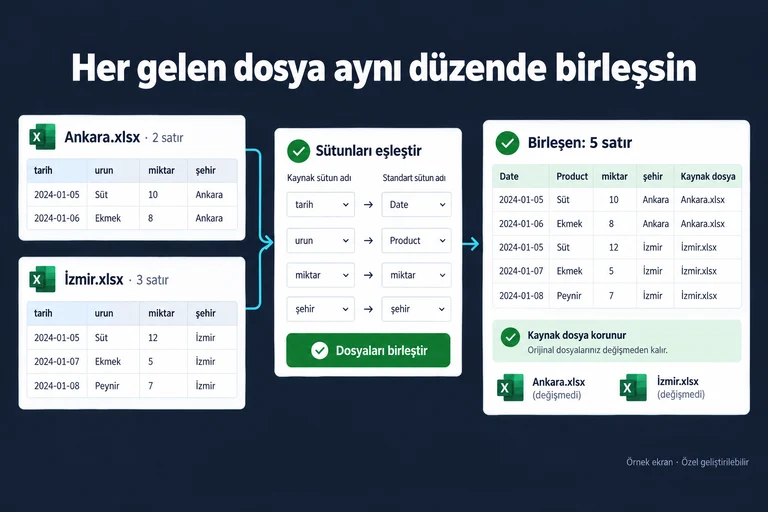 Örnek ekran: Her gelen dosya aynı düzende birleşsin. Ankara.xlsx · 2 satır. İzmir.xlsx · 3 satır. Sütunları eşleştir. Birleşen: 5 satır. Kaynak dosya korunur.