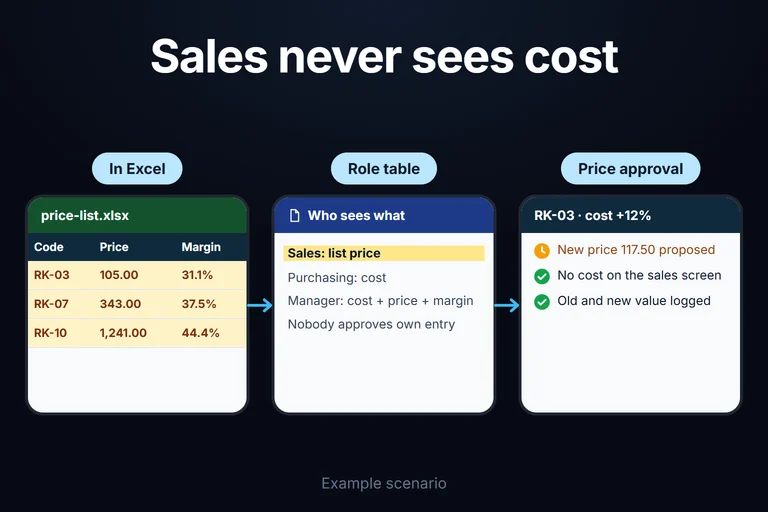 Example scenario: a visible margin column in Excel gives away the cost; under the role table sales sees only the list price, and the new price for RK-03, whose cost rose, waits for approval.