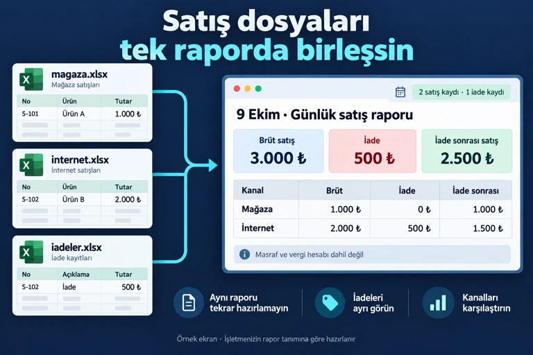 Örnek ekran: mağaza satışları 1.000 TL, internet satışları 2.000 TL ve internet iadesi 500 TL günlük raporda birleşir. Brüt satış 3.000 TL, iade sonrası satış 2.500 TL; masraf ve vergi hesabı dahil değildir.
