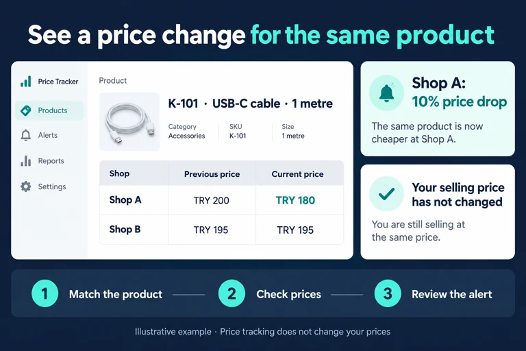 Illustrative price alert: K-101 one-metre USB-C cable falls from TRY 200 to TRY 180 at Shop A, a 10% drop, while Shop B stays at TRY 195. Your own selling price has not changed.