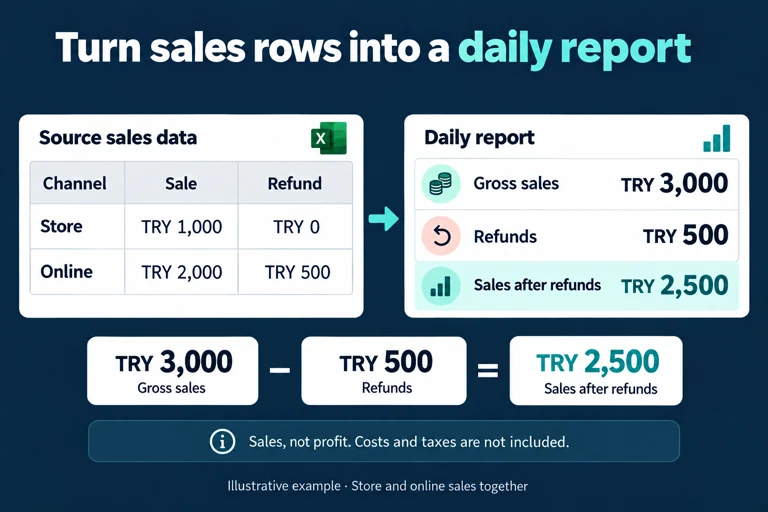 Illustrative report: store sales of TRY 1,000 plus online sales of TRY 2,000 minus TRY 500 in refunds equals TRY 2,500 in sales after refunds. Costs and taxes are not included; this is not profit.