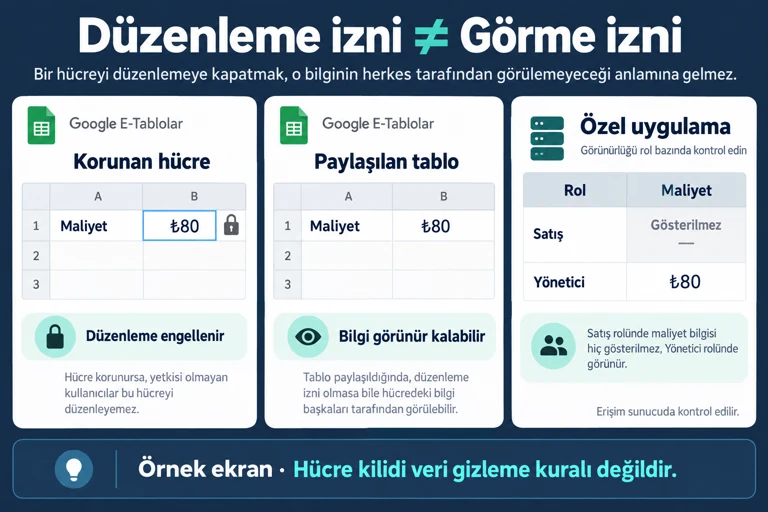 Örnek karşılaştırma: korunan hücrede 80 TL maliyet görülebilir, düzenleme engellenir. Özel uygulamada satış rolüne maliyet gönderilmez; yönetici görür. Yetki sunucuda kontrol edilir.