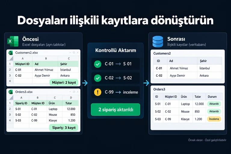 Örnek ekran: Dosyaları ilişkili kayıtlara dönüştürün. Müşteri: 2 kayıt. Sipariş: 3 kayıt. C-01 → S-01. C-02 → S-02. C-99 → inceleme. 2 sipariş aktarıldı.