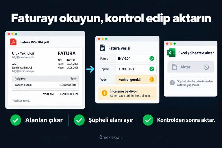 Faturayı okuyun, kontrol edip aktarın. Örnek ekran: Fatura INV-104 · Toplam: 1.200 TRY · Vade: kontrol gerekli · İnceleme bekliyor · Aktar. Alanları çıkar; Şüpheli alanı ayır; Kontrolden sonra aktar.