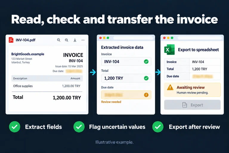 Read, check and transfer the invoice. Illustrative interface: Invoice INV-104 · Total: 1,200 TRY · Due date: review needed · Awaiting review · Export. Extract fields; Flag uncertain values; Export after review.
