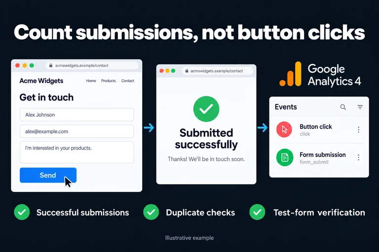 Count submissions, not button clicks. Illustrative interface: Send · Submitted successfully · Form submission · Button click. Successful submissions; Duplicate checks; Test-form verification.