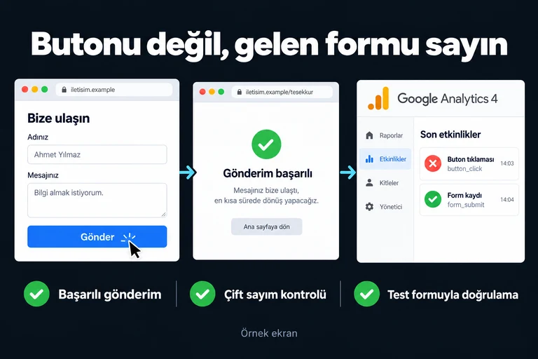 Butonu değil, gelen formu sayın. Örnek ekran: Gönder · Gönderim başarılı · Form kaydı · Buton tıklaması. Başarılı gönderim; Çift sayım kontrolü; Test formuyla doğrulama.
