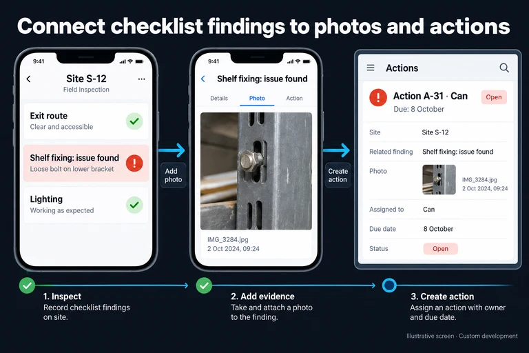 Illustrative screen: Connect checklist findings to photos and actions. Site S-12. Exit route ✓. Shelf fixing: issue found. Lighting ✓. Action A-31 · Can. Due: 8 October.